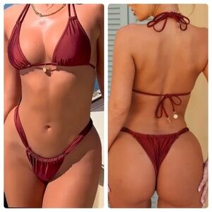 Burgundy Double Strap Halter Thong Bottom Bikini Set